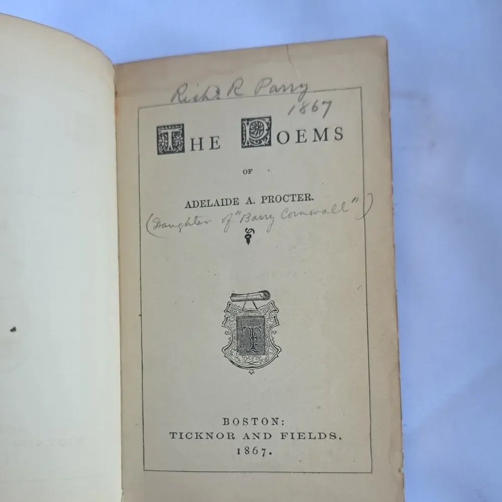 Adelaide A. Procter The Poems Leather Signed Ticknor and Fields Boston 1867